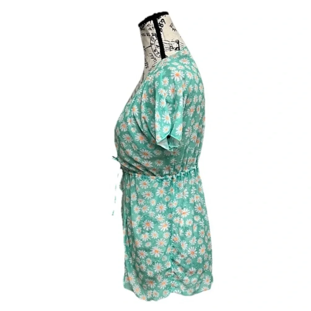 Retro Daisy Mesh Sheer Tie-Front Cardigan XS Green Floral Short Sleeve 70s 80s - Picture 3 of 7